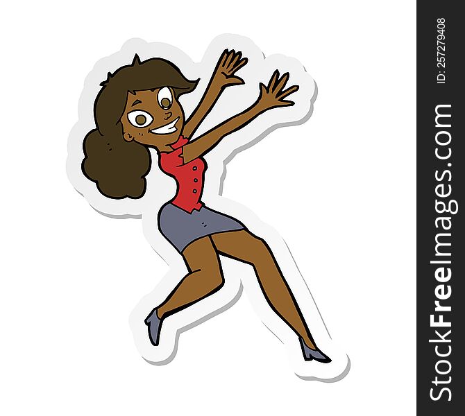 sticker of a cartoon happy woman jumping