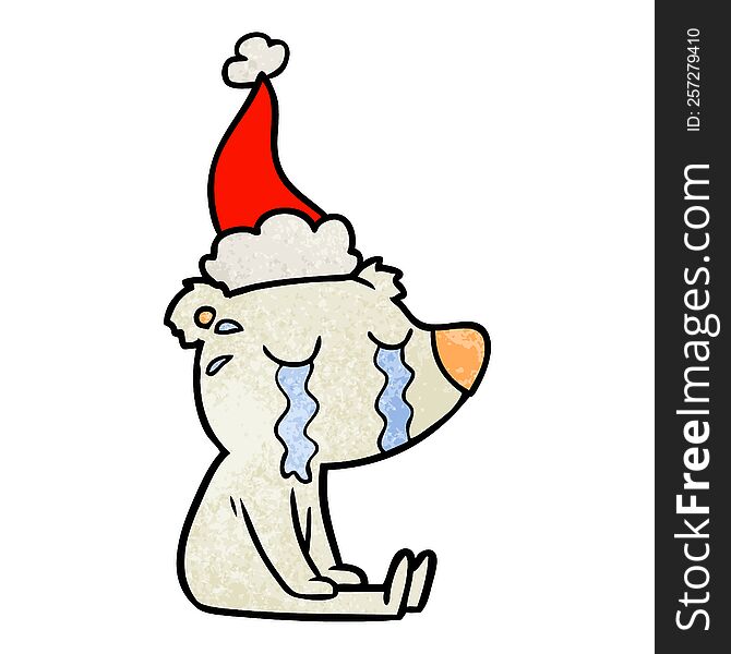 hand drawn textured cartoon of a crying sitting polar bear wearing santa hat