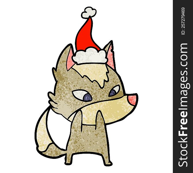 Shy Textured Cartoon Of A Wolf Wearing Santa Hat