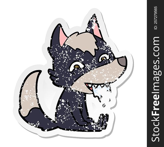 distressed sticker of a cartoon hungry wolf sitting waiting