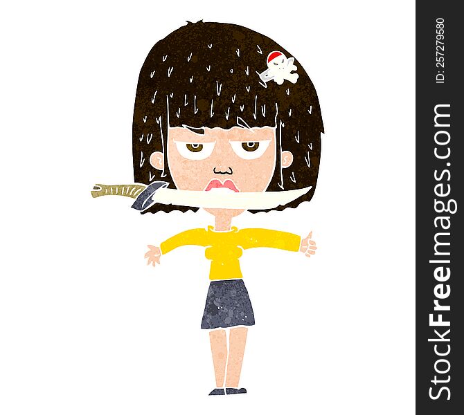cartoon woman with knife between teeth