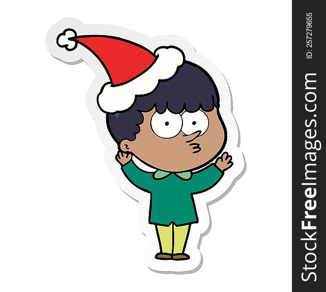 Sticker Cartoon Of A Curious Boy Wearing Santa Hat