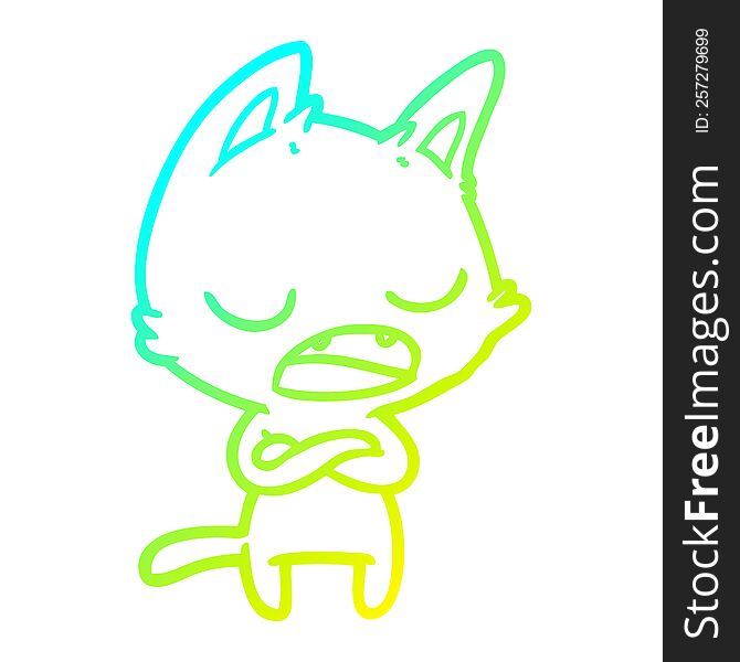 cold gradient line drawing of a talking cat with crossed arms