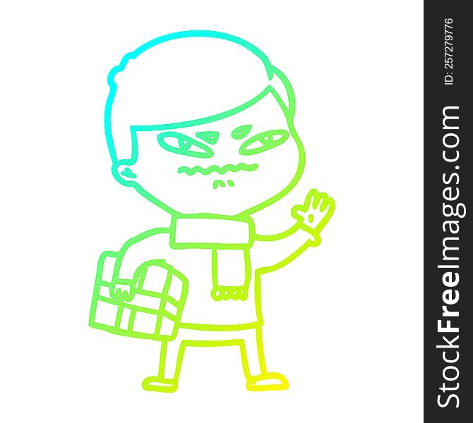 cold gradient line drawing of a cartoon angry man carrying parcel