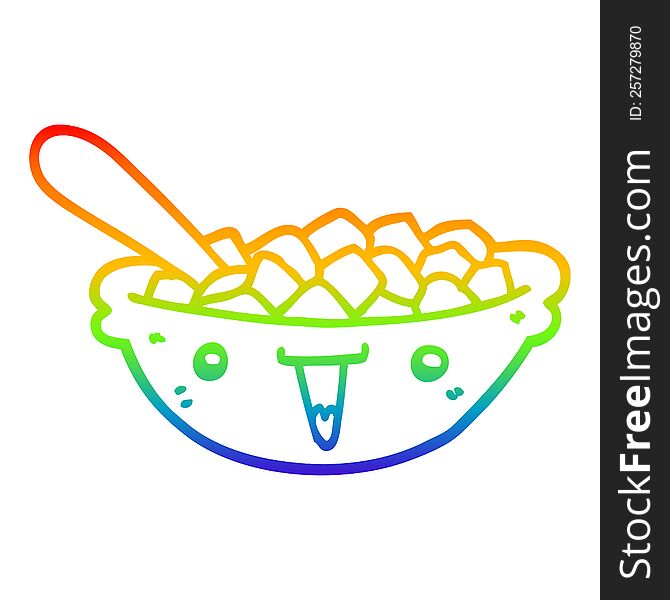 rainbow gradient line drawing of a cute cartoon bowl of cereal