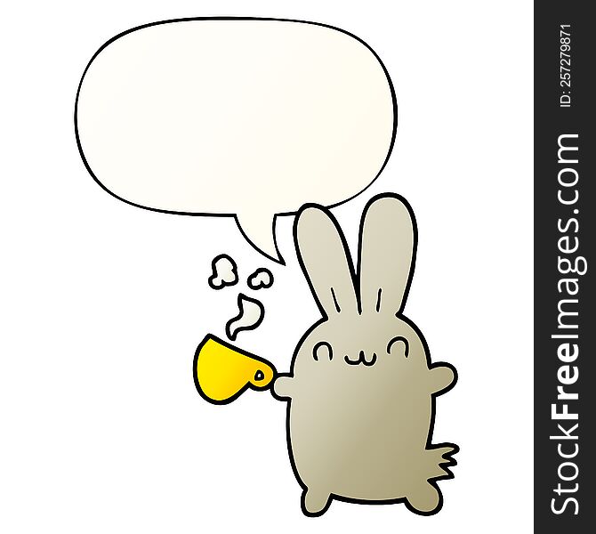 Cute Cartoon Rabbit Drinking Coffee And Speech Bubble In Smooth Gradient Style