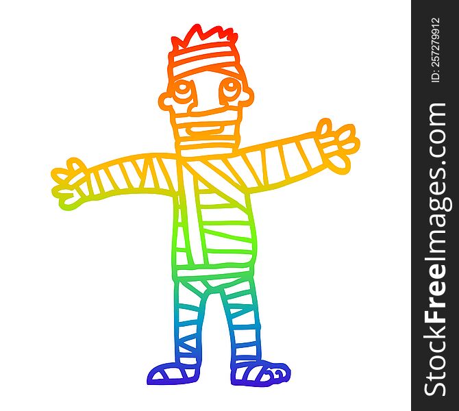 rainbow gradient line drawing of a cartoon man in bandages