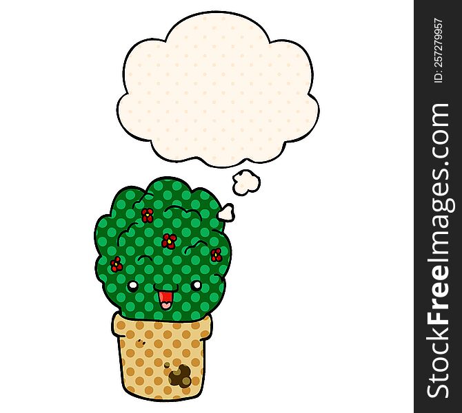 cartoon shrub in pot with thought bubble in comic book style