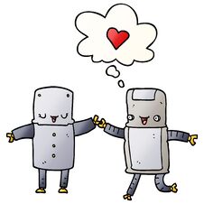 Cartoon Robots In Love And Thought Bubble In Smooth Gradient Style Stock Image