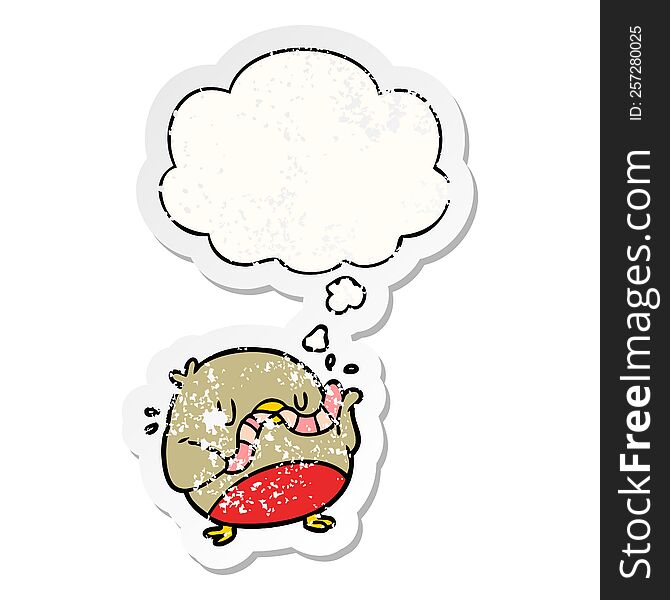 Cartoon Robin With Worm And Thought Bubble As A Distressed Worn Sticker