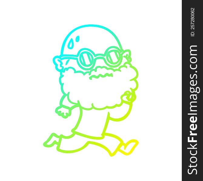 cold gradient line drawing of a cartoon running man with beard and sunglasses sweating
