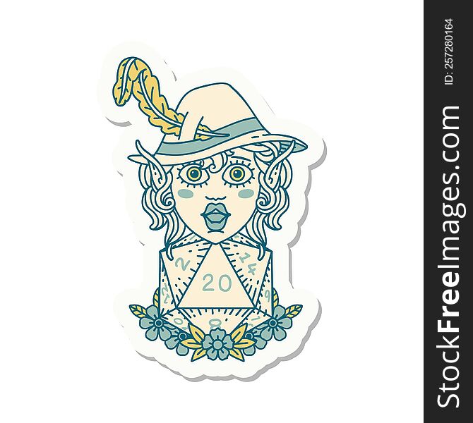 sticker of a elf bard character with natural twenty dice roll. sticker of a elf bard character with natural twenty dice roll