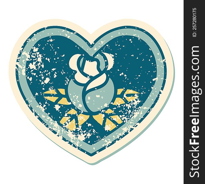 iconic distressed sticker tattoo style image of a heart and flowers. iconic distressed sticker tattoo style image of a heart and flowers
