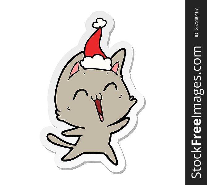 Happy Sticker Cartoon Of A Cat Wearing Santa Hat