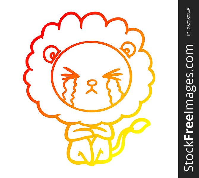 warm gradient line drawing of a cartoon crying lion sitting huddled up