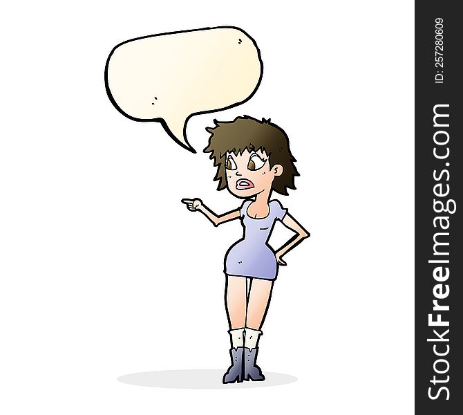 Cartoon Worried Woman In Dress Pointing With Speech Bubble