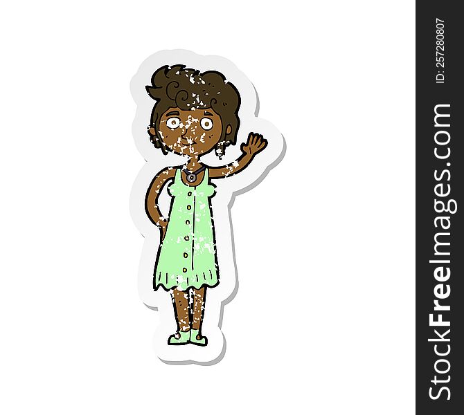 retro distressed sticker of a cartoon hippie woman waving