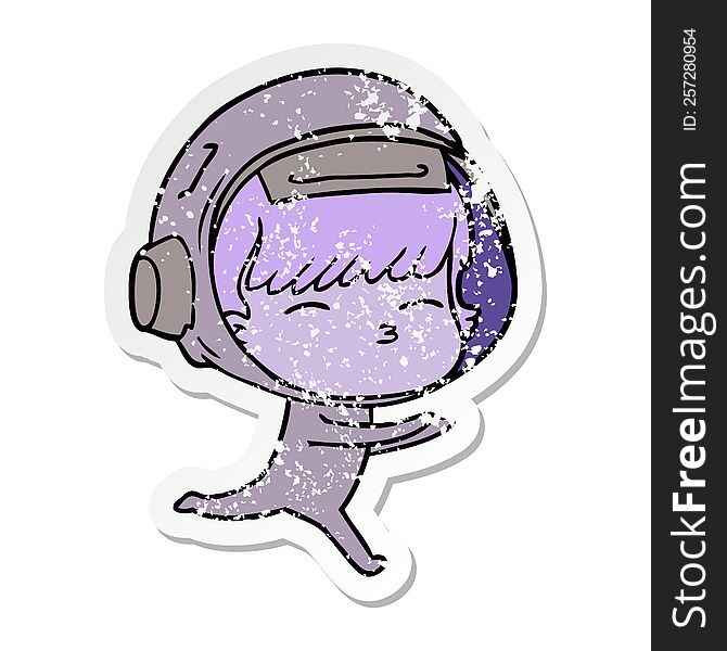 Distressed Sticker Of A Cartoon Curious Astronaut