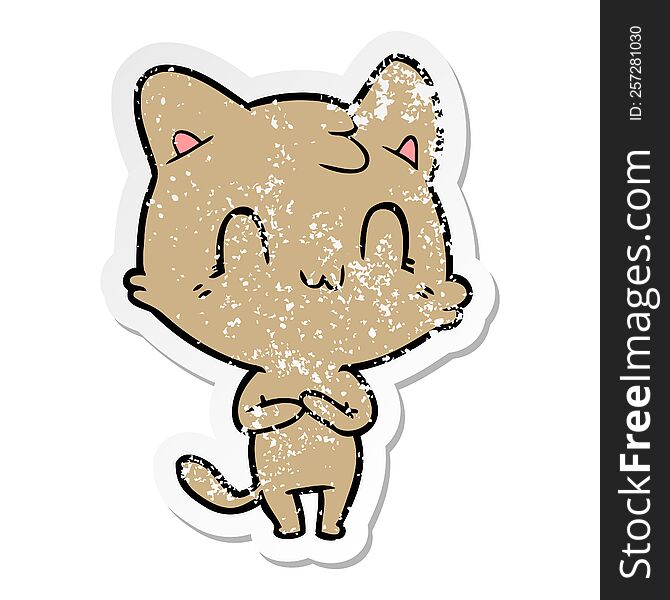 Distressed Sticker Of A Cartoon Happy Cat