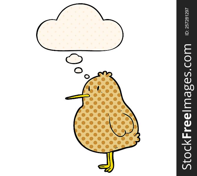 cartoon kiwi bird with thought bubble in comic book style