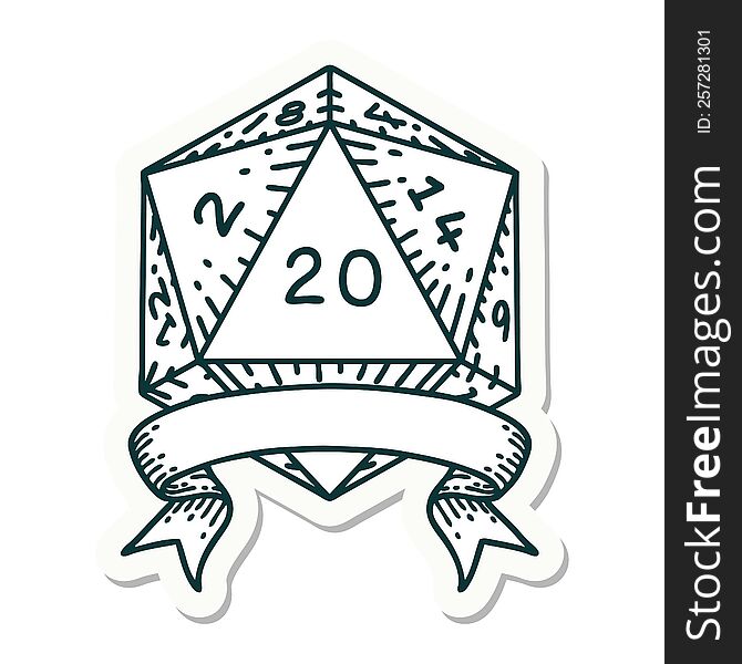sticker of a natural 20 critical hit D20 dice roll. sticker of a natural 20 critical hit D20 dice roll