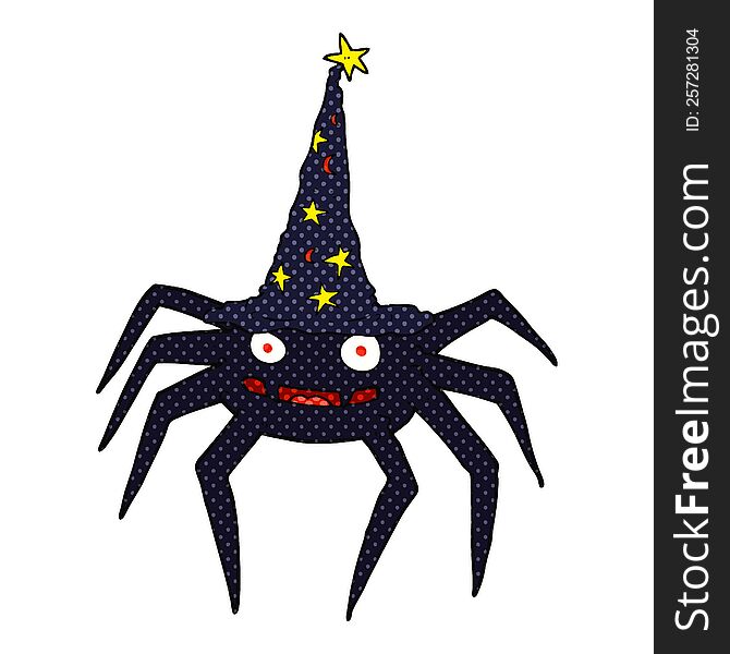 freehand drawn cartoon halloween spider in witch hat