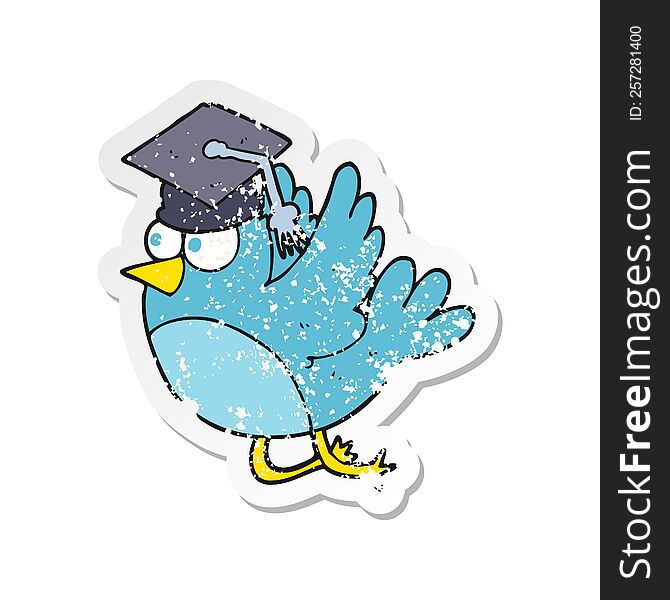 Retro Distressed Sticker Of A Cartoon Bird Wearing Graduation Cap