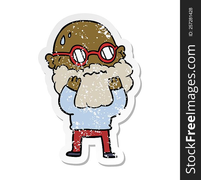 distressed sticker of a cartoon worried man with beard and spectacles