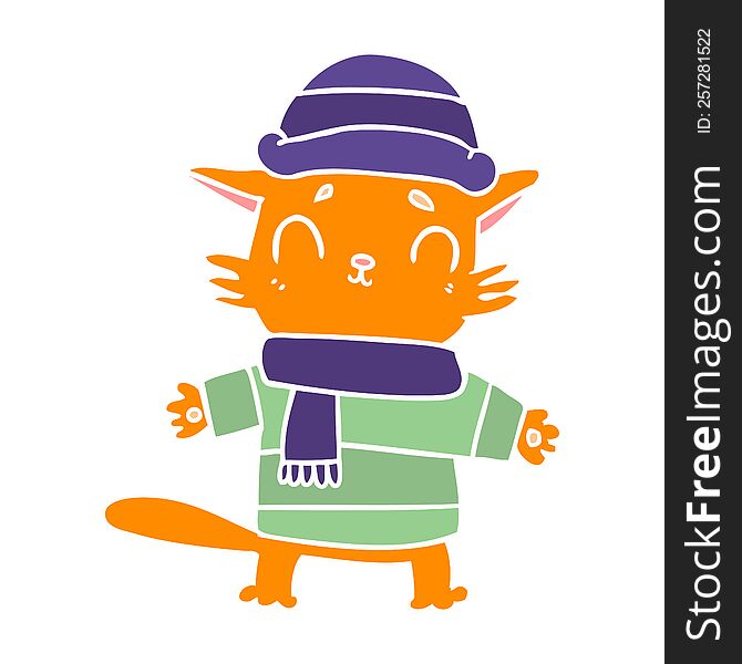 flat color style cartoon cat in winter clothes