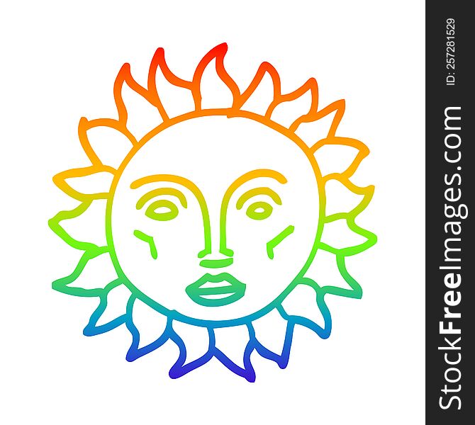 rainbow gradient line drawing of a cartoon traditional sun face
