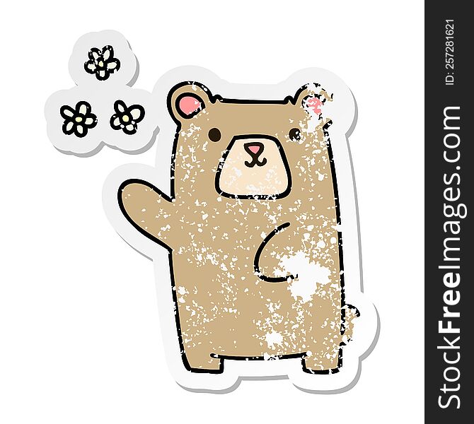 Distressed Sticker Of A Quirky Hand Drawn Cartoon Bear And Flowers