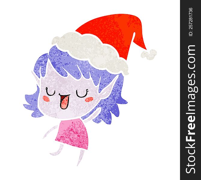hand drawn retro cartoon of a elf girl wearing santa hat