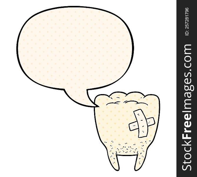 cartoon bad tooth with speech bubble in comic book style