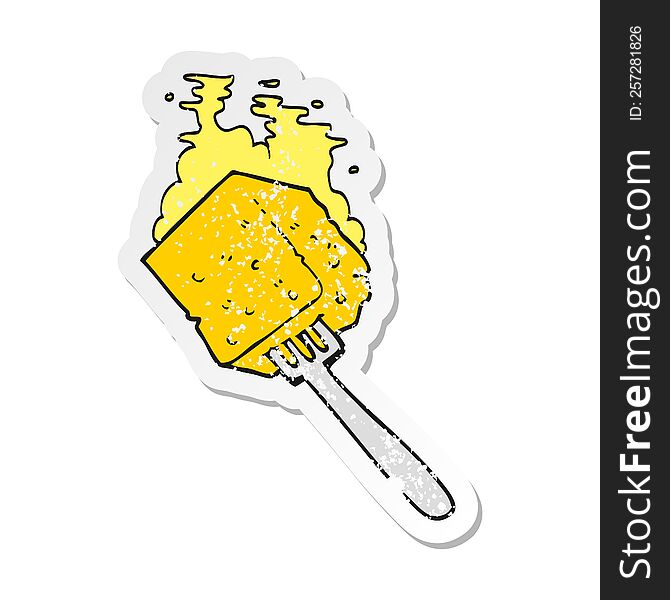 Retro Distressed Sticker Of A Cartoon Cheese On Fork