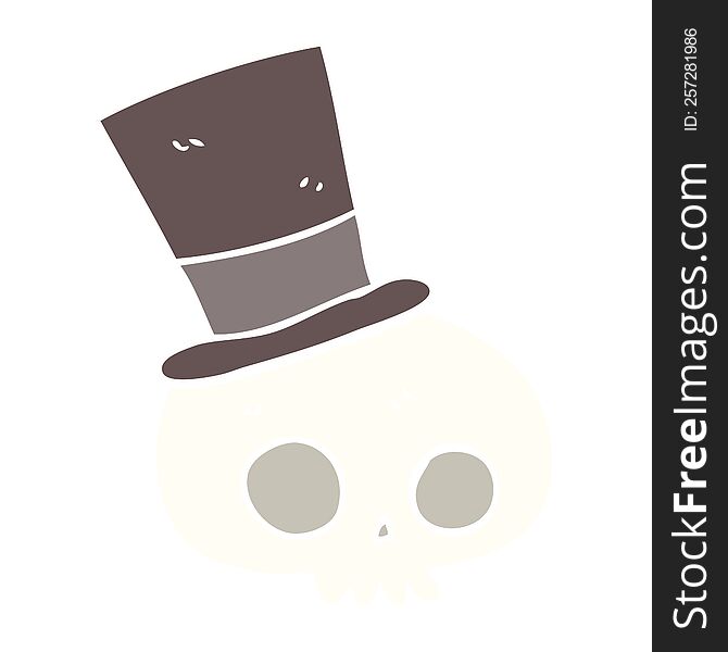 Flat Color Illustration Of A Cartoon Skull Wearing Top Hat