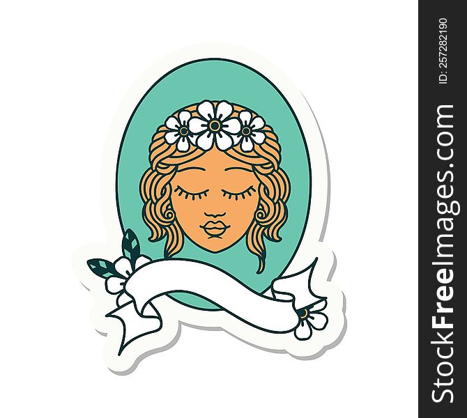 Tattoo Sticker With Banner Of A Maiden With Eyes Closed