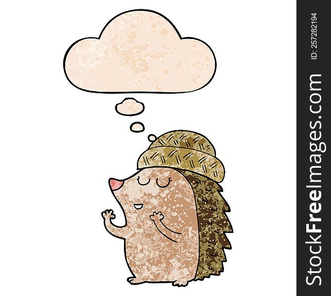 cartoon hedgehog wearing hat with thought bubble in grunge texture style. cartoon hedgehog wearing hat with thought bubble in grunge texture style