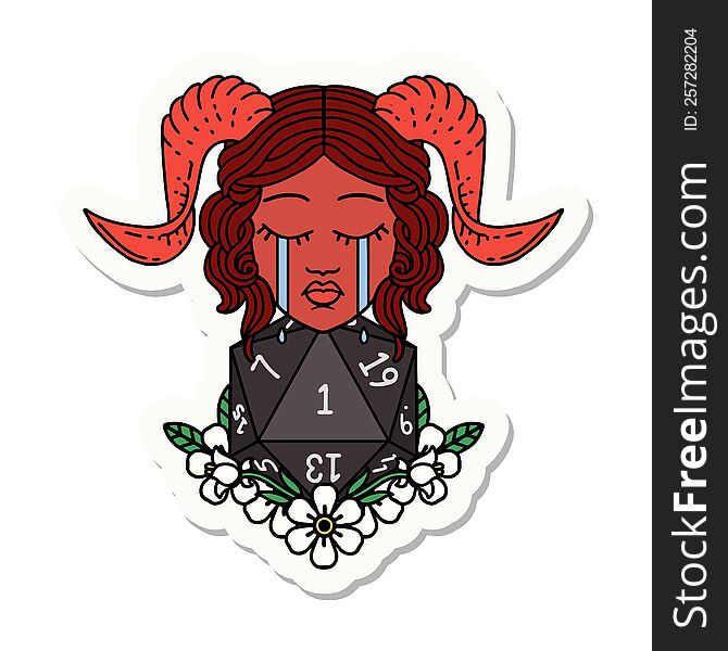 sticker of a crying tiefling character with natural one D20 dice roll. sticker of a crying tiefling character with natural one D20 dice roll