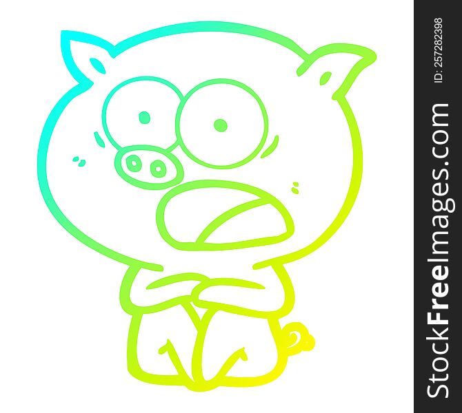Cold Gradient Line Drawing Shocked Cartoon Pig Sitting Down