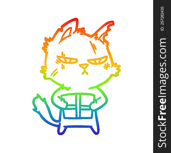 Rainbow Gradient Line Drawing Tough Cartoon Cat With Christmas Present
