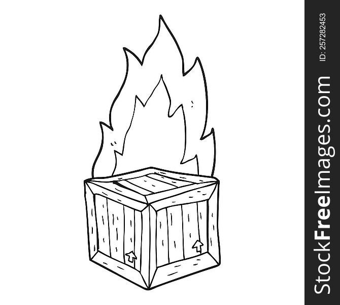 freehand drawn black and white cartoon burning crate