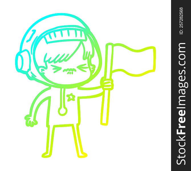 cold gradient line drawing of a angry cartoon space girl waving flag