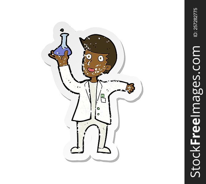 Retro Distressed Sticker Of A Cartoon Happy Scientist