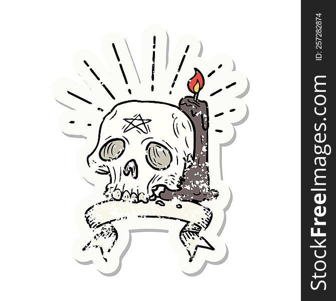 Grunge Sticker Of Tattoo Style Spooky Skull And Candle