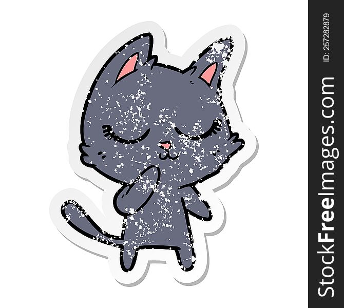 distressed sticker of a calm cartoon cat considering