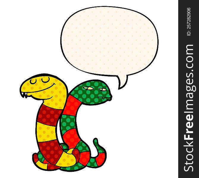 cartoon snakes with speech bubble in comic book style