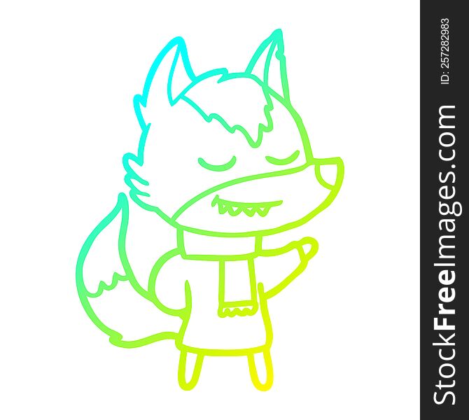 cold gradient line drawing of a friendly cartoon wolf wearing scarf