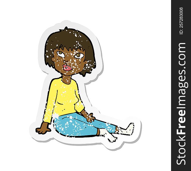 retro distressed sticker of a cartoon woman sitting on floor
