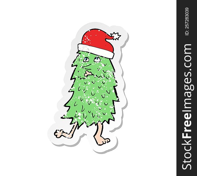 Retro Distressed Sticker Of A Cartoon Christmas Tree Dancing