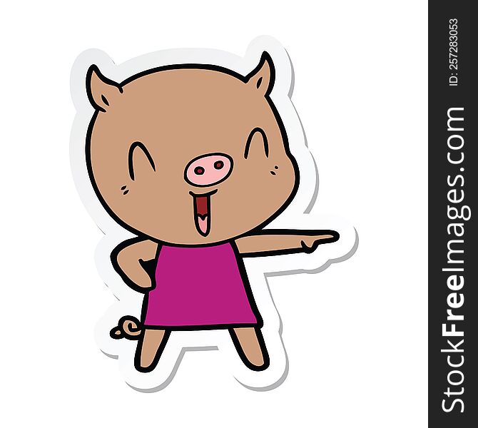 Sticker Of A Happy Cartoon Pig In Dress